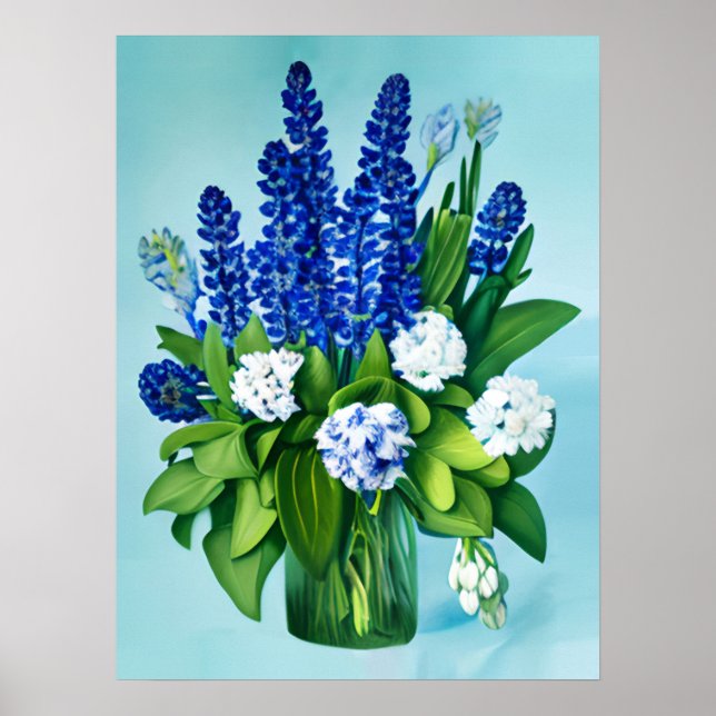 Poster Hiacintas Azuis Cobalto e Hydrangeas (Frente)