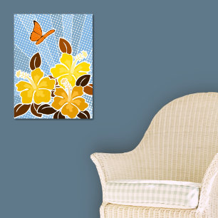 Poster Hibisco Amarelo & Borboleta Céu Azul Estilo Pop-ar