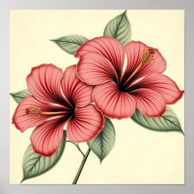 Poster Hibisco Antigo em Papel Desgastado (Frente)