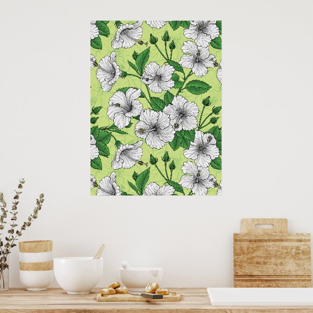 Poster Hibisco Branco Padrão Floral Tropical (Cozinha)