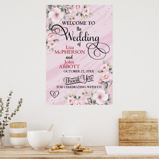 Poster Hibisco Casamento Bem-vindo com Gelado Rosa (Cozinha)