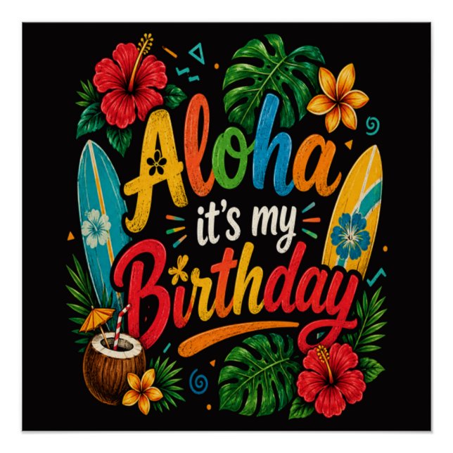 Póster Hibisco de Aniversário Aloha Havaí (Frente)