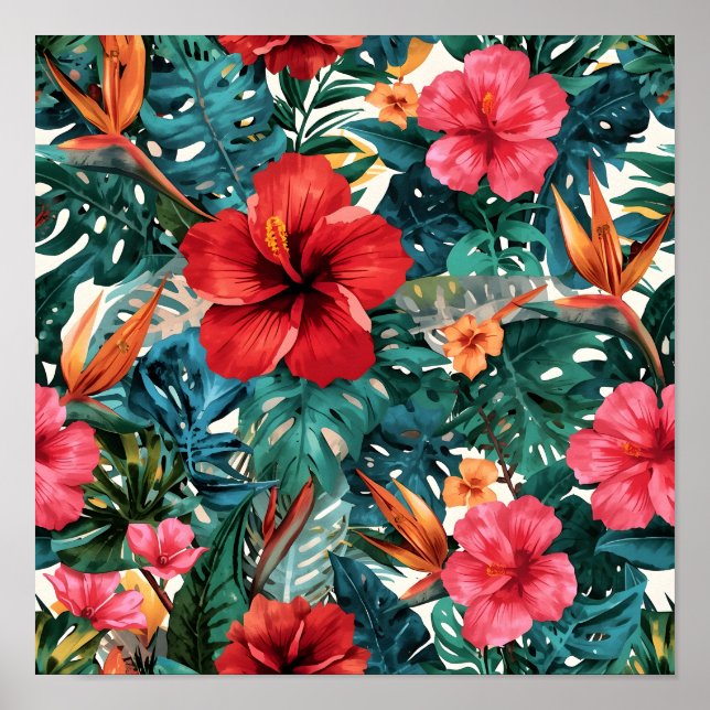 Poster Hibisco Tropical & Estampa de Folhas de Monstera  (Frente)