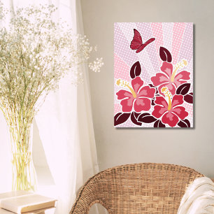 Poster Hibiscus e Borboleta Rosa Brilhantes no Verão