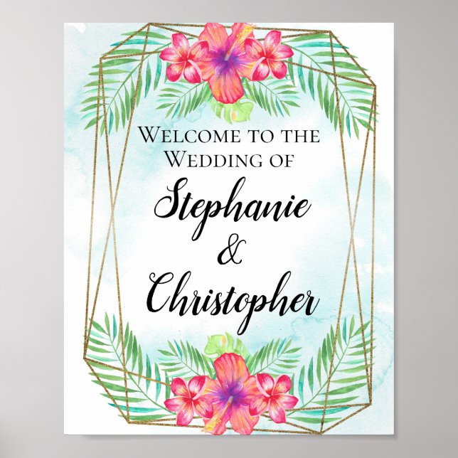 Poster Hibiscus Watercolor Beach Wedding Tropical (Frente)