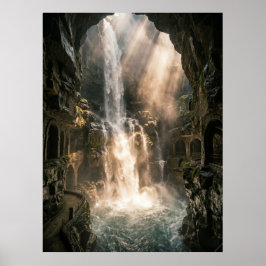 Poster Hidden Cave Waterfall Sunlight Rays