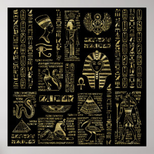 Poster Hieroglyphs e ouro egípcios das deidades no preto