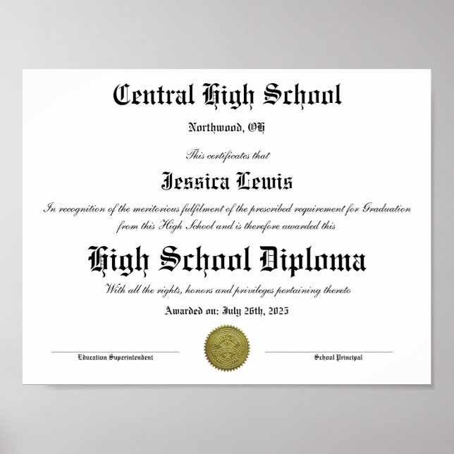 Poster  High School Graduation Graduate Diploma (Frente)
