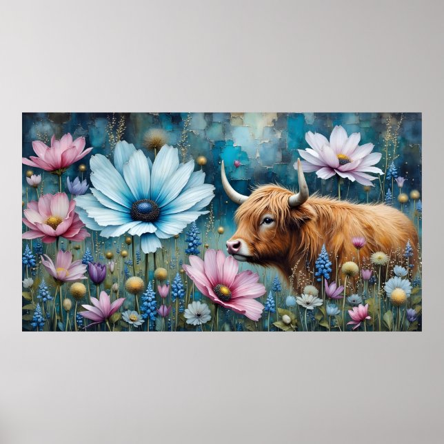 Poster Highland Cow Floral Colorida Cosmos Tapeçaria II (Frente)