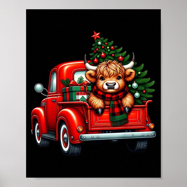 Poster Highland Cow In Truck Farm Farmer Christmas Cow Ca (Frente)