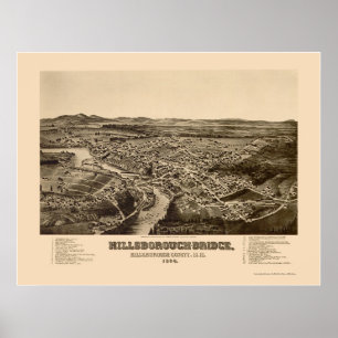 Póster Hillsborough, mapa panorâmico do NH - 1884