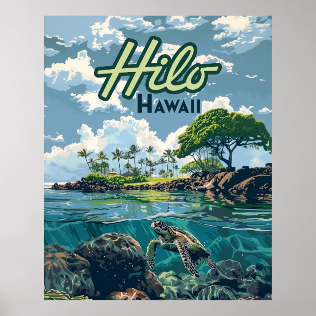 Poster Hilo Hawaii Big Island Turtle Beach Vintage (Frente)