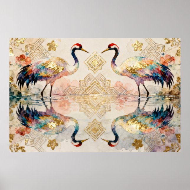 Poster Himmlische Kraniche in Harmonie - Wasserfarben  (Frente)