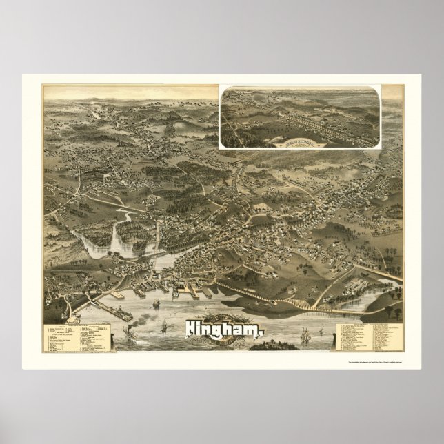 Poster Hingham, Mapa Panorâmico MÃE - 1885 (Frente)