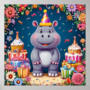 Poster Hipopótamo de aniversário com bolo e balões