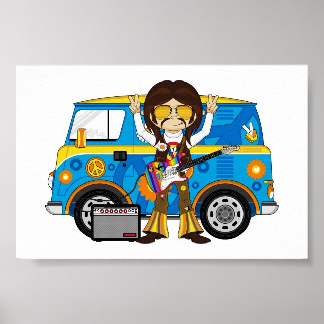 Póster Hippie Boy com Guitarra e Camper Van (Frente)