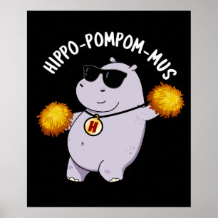 Poster Hippo-pompom-mus Funny Animal Hippo Pun Dark BG