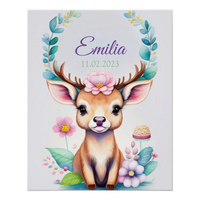 Póster Hirsch mit Blumen - Wasserfarbe Kindermotiv (Frente)