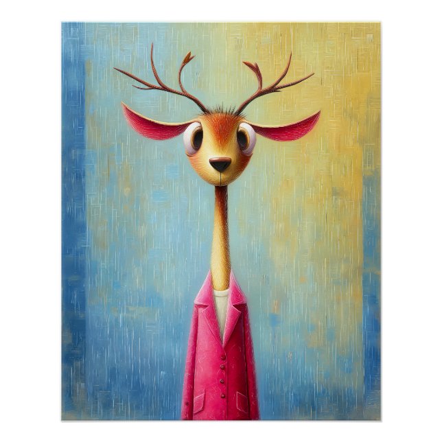 Póster Hirsch Portrait - pinker Mantel - Cartoon Comic  (Frente)
