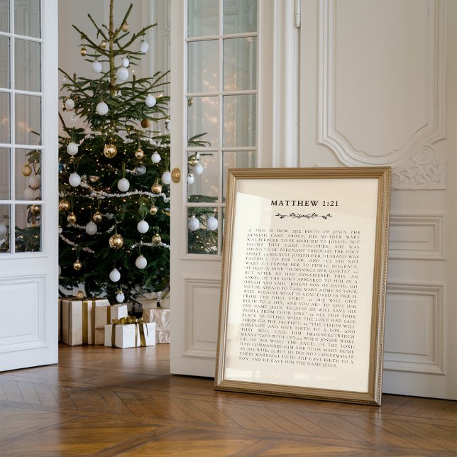 Poster História do Nascimento de Cristo Mateus 1:21 Impre (Against the wall, there is a framed Christian scripture print about nativity story Matthew 1:21.)