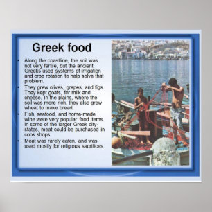 Póster História, piscina antiga, comida grega e pesca