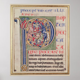 Póster Historiated rubrica "P" que descreve uma caça do