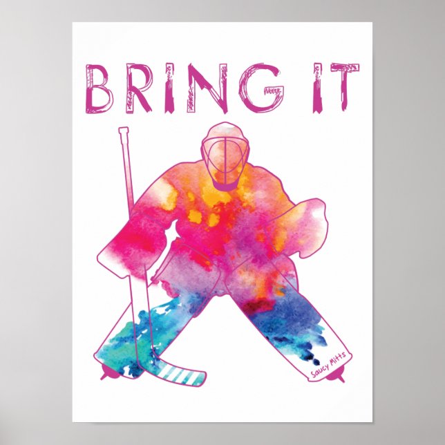 Poster Hockey Goalie Watercolor Meninas Rosa (Frente)