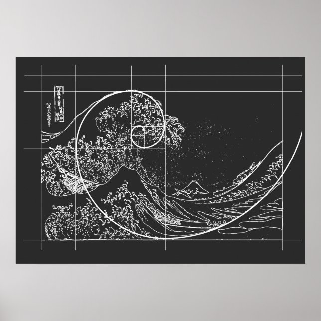 Poster Hokusai encontra branco e preto linear Fibre Chann (Frente)