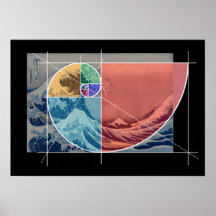 Poster Hokusai Encontra Formas Fibonacci, Coloridas