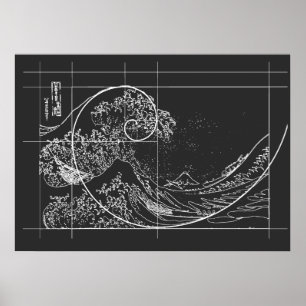 Poster Hokusai encontra preto e branco linear de