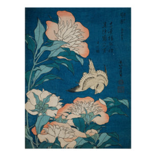 Póster Hokusai Peonies e Canary Vintage GalleryHD