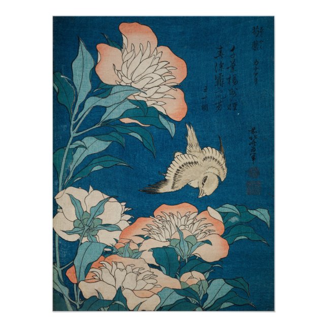 Póster Hokusai Peonies e Canary Vintage GalleryHD (Frente)