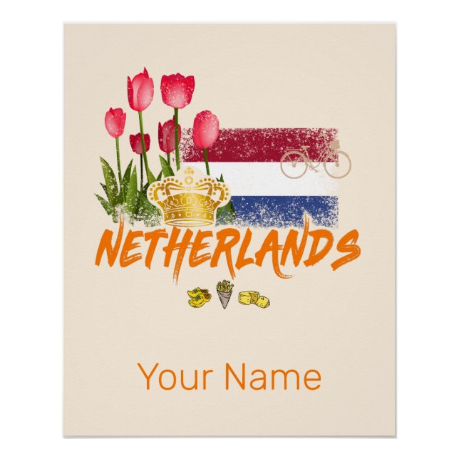 Póster Holanda Vintage Holland Flag e Dutch Tulip (Frente)