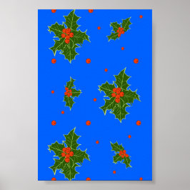 Poster Holly (Ilex) Motif de Natal em Fundo Azul