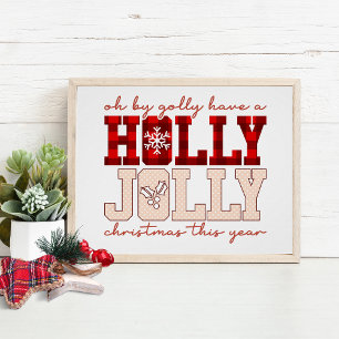 Póster Holly Jolly Xadrez de Natal Tipografia Festiva