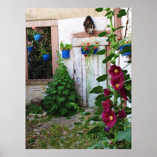 Poster Hollyhocks e Flores do Jardim Inglês (Frente)