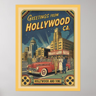 Poster Hollywood e Vine Vista dos Anos 1940 Estilo Vintag