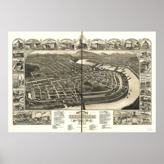 Póster Holyoke Massachusetts 1881 Mapa Panorâmico Antiqua (Frente)