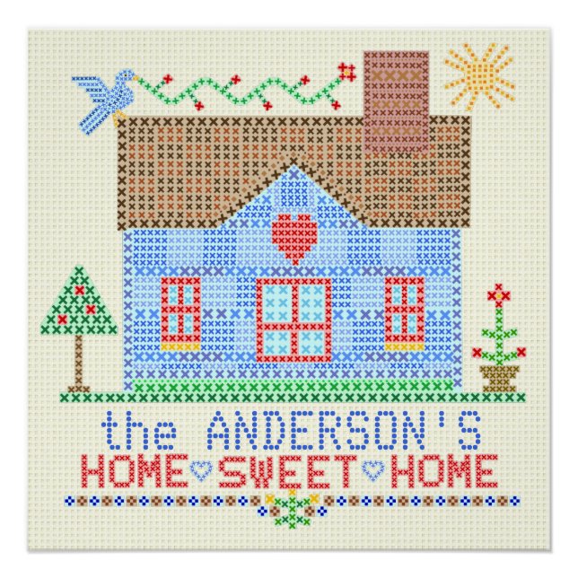 Póster Home Sweet Home Cross Stitket House Personalizado (Frente)