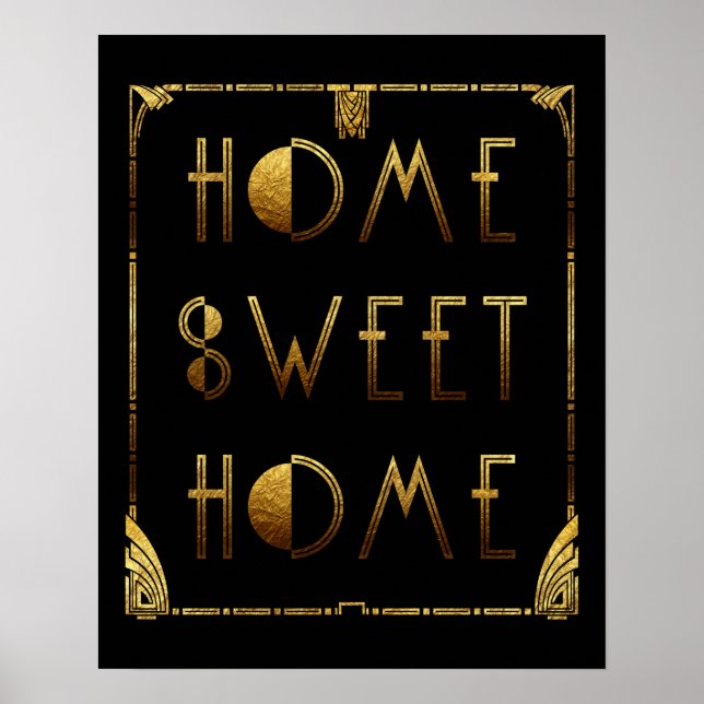 Póster Home Sweet Home Dourado Art Deco Sinal (Frente)