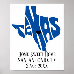Poster Home Sweet Home San Antonio Texas Blue State Map