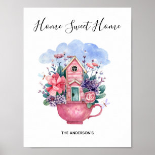 Poster Home Sweet Home Watercolor - Taa de chá rosa