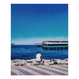 Póster Homem Aproveita Serene Harbor View Com Barcos