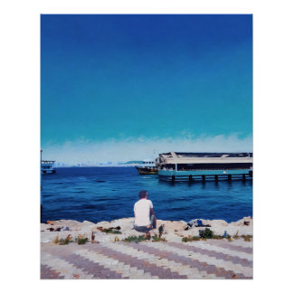 Póster Homem Aproveita Serene Harbor View Com Barcos