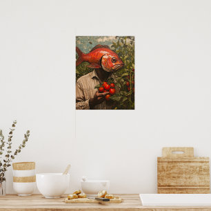 Poster Homem com Peixe por Cabeça num Jardim de Tomate
