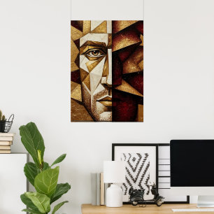Poster Homem Cubista Ouro Borgonha - Abstrato Texturizado