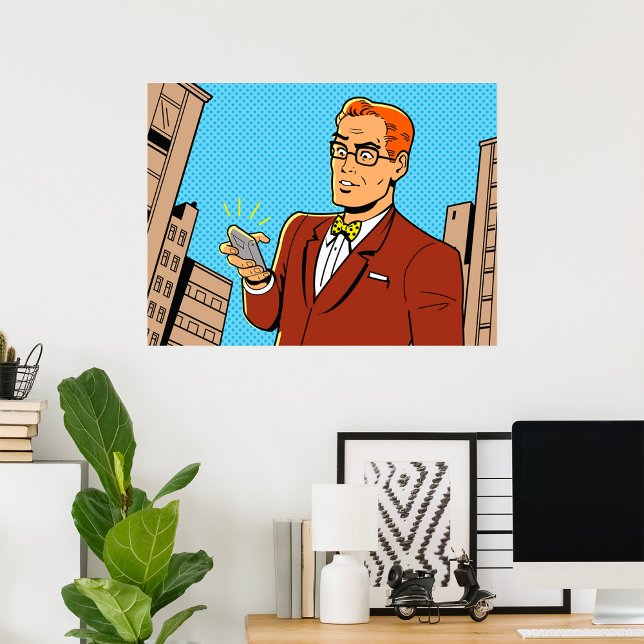 Poster Homem de Estilo de Quadrinhos Olhando para o Celul (Criador carregado)