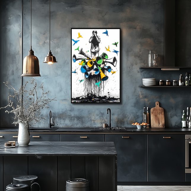 Poster Homem de Grafite com Megafones e Pássaros – Protes (Criador carregado)