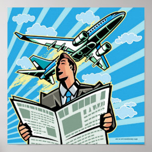 Póster Homem de negócios com jornal e avião acima