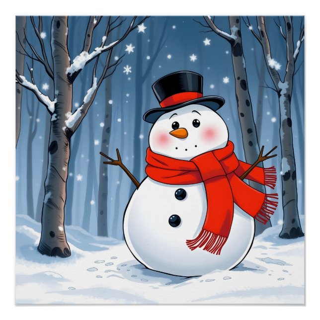 Póster Homem de neve em floresta fria com cachecol vermel (Frente)
